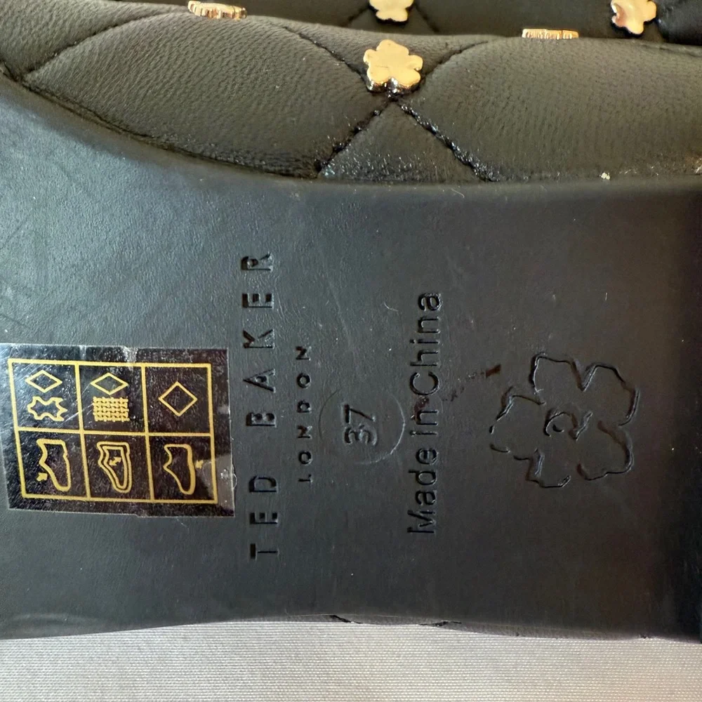 Ted Baker Libban Black Quilted Gold Magnolia Ballerina Flats Size 37 7 SKU 0024 - Picture 9 of 13